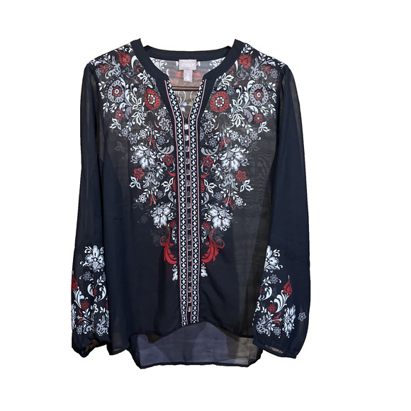 Chicos Bedazzled Floral Tunic Top Dark Romantic Sheer Size 2 Medium 12/14 - Picture 1 of 14